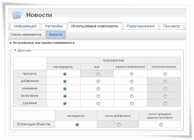 Управление правами доступа в новостях Управление правами доступа в новостях